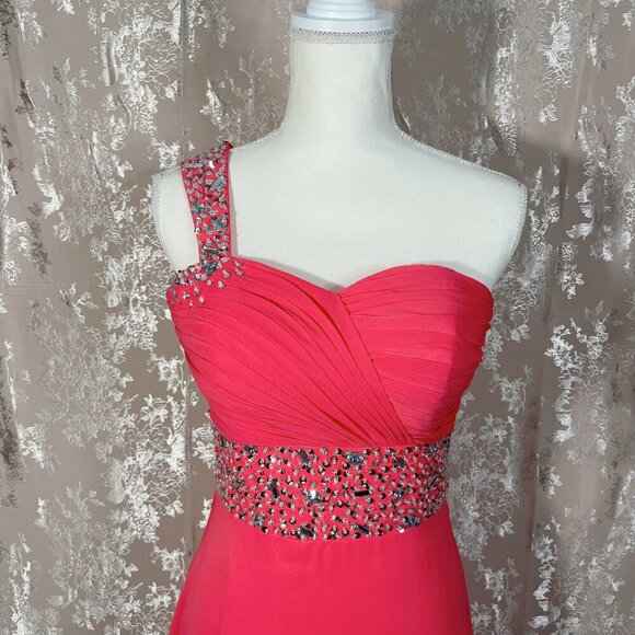Coral Chiffon Asymmetrical One Shoulder Rhinestone Gown Prom Dress Size 6 - Picture 2 of 7